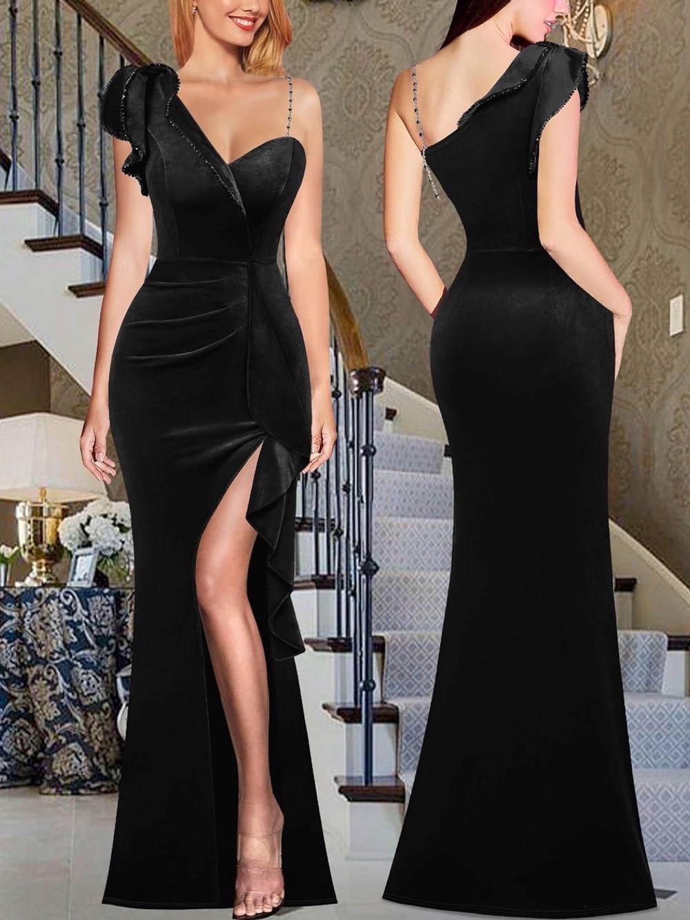 One-Shoulder Black Evening Gown with Ruffle Slit